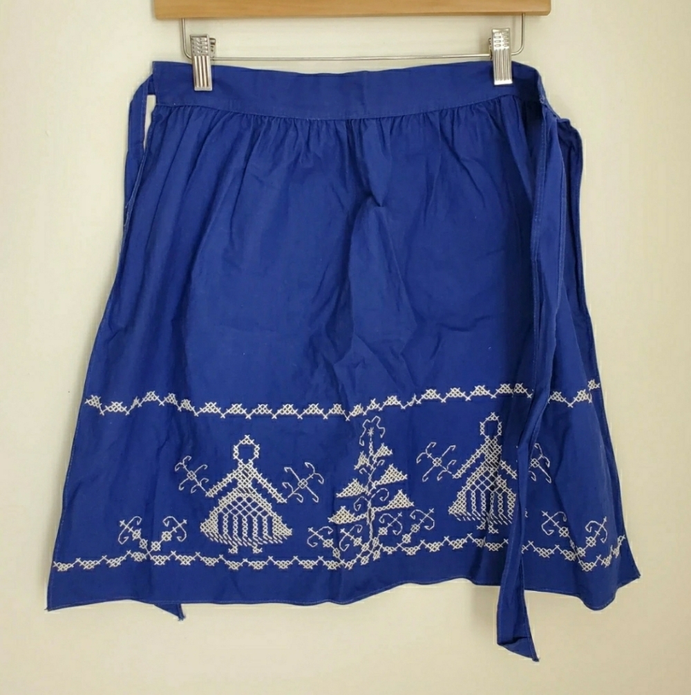 Vintage Navy Blue Handmade Folk Art Embroidered Half Apron